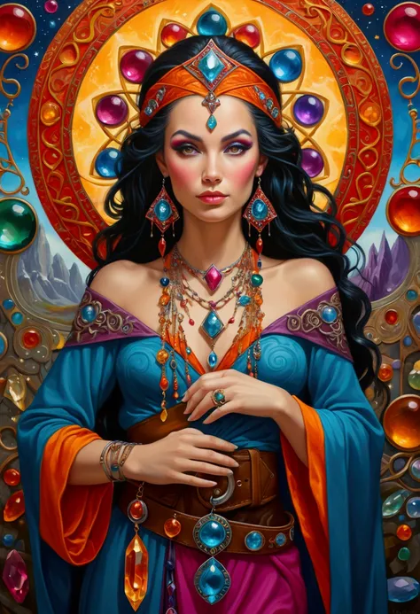 A whimsically flamboyant sorceress, with flowing robes adorned with gemstones and sparkling Runic symbols, and an array of magical artifacts hanging from her belt. This enchanting figure is depicted in a vibrant oil painting filled with intricate details a...