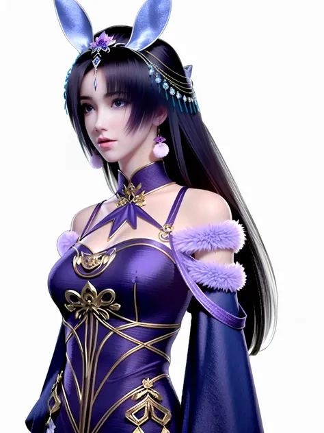 ((HRD, HUD, 8K)),((masterpiece, best quality)), highly detailed, 1girl, solo, hair ornament, black hair, brown hair, long hair, blue eyes, facial mark, forehead mark, animal ears, rabbit ears, jewelry, earrings, dress, purple dress, bare shoulders, simple ...