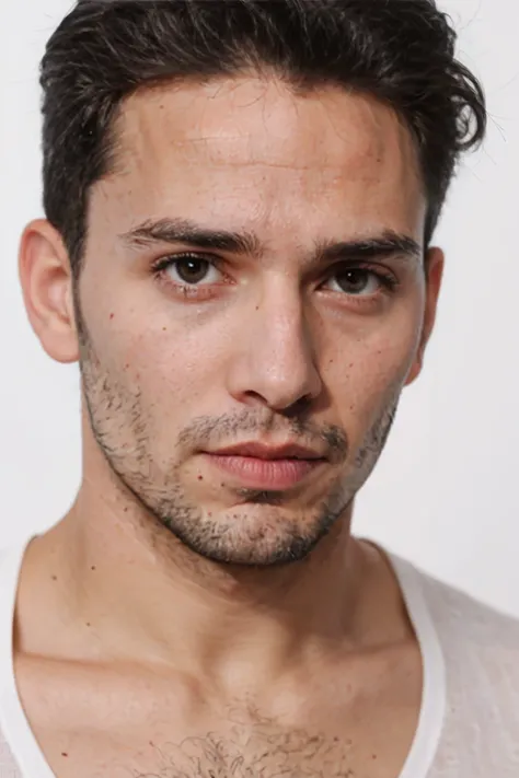 The photo of a portrait of a very attractive and sexy 32-year-old man, he is Brazilian but looks British, his eyes are brown, and he has a very penetrating and captivating gaze., white background