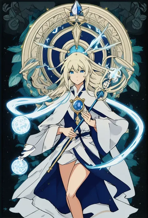 Beautiful celestial mage with light powers and a magical staff