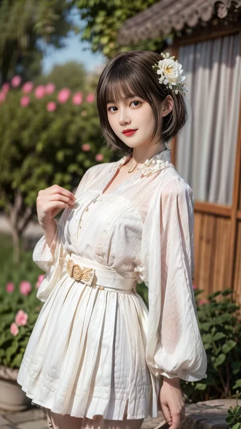 (20-year-old female,Flower Clothing), (Surrealism), (high resolution), ((Beautiful Hairstyle 46)), ((short hair:1.46)), (Gentle smile), (Chested:1.1), (Lipstick)，miniskirt，belt，garden，