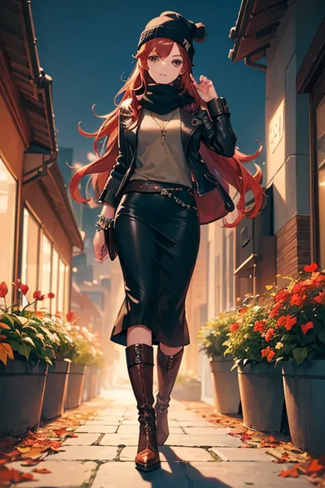 ((masterpiece, best quality, ultra-detailed)), beautiful woman walking through a fall garden, brown leather jacket with gray t-shirt, scarf, beanie, bracelet, black maxi skirt, leather boots, backpack, full body, long red hair, wavy hair, fall garden, leav...