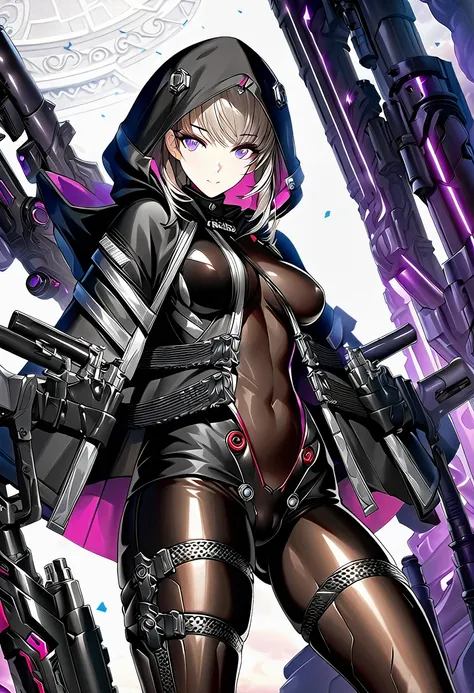 hood, jacket, body suit, black clothes, black wear, tights, weapon, cowboy shot, blue and purple eyes, perfect eyes, ultra detai...