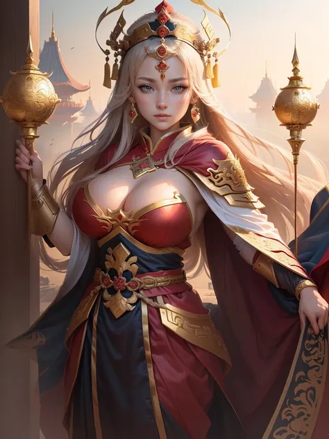 a painting of a woman in a red cape and a gold crown, inspired by Huang Shen, zhao yun, inspired by Li Kan, inspired by Huang Ding, inspired by Wu Bin, inspired by Fan Kuan, inspired by Cao Zhibai, inspired by Li Gonglin, bian lian, inspired by Zhao Yuan, ...