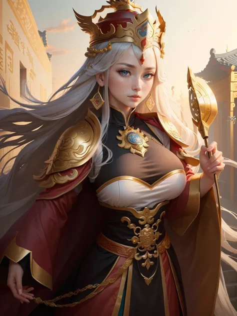 a painting of a woman in a red cape and a gold crown, inspired by Huang Shen, zhao yun, inspired by Li Kan, inspired by Huang Ding, inspired by Wu Bin, inspired by Fan Kuan, inspired by Cao Zhibai, inspired by Li Gonglin, bian lian, inspired by Zhao Yuan, ...