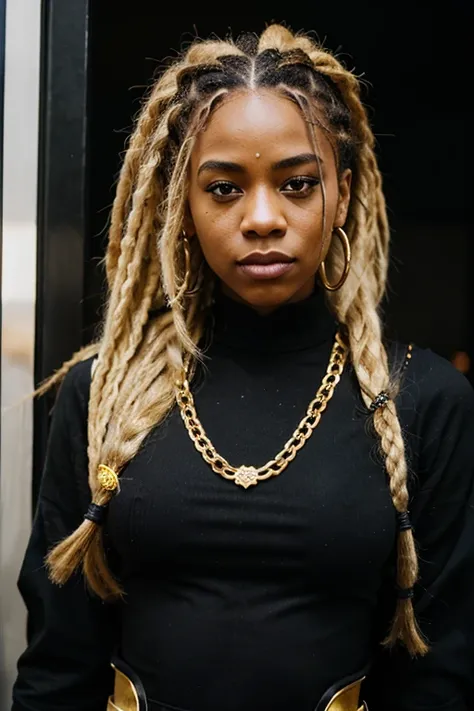 Black female super hero with blonde dreadlocks, wearing black and gold