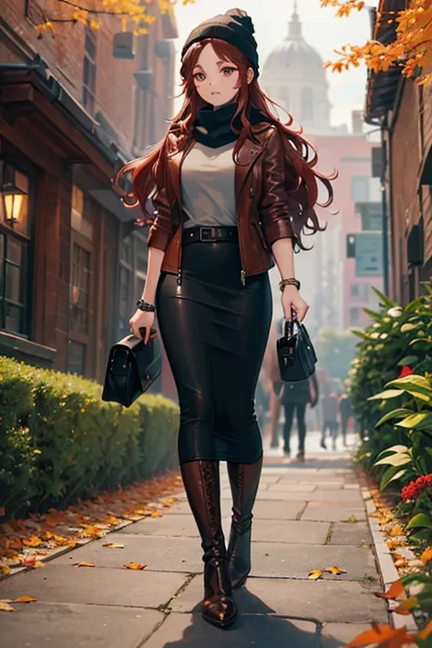 ((masterpiece, best quality, ultra-detailed)), beautiful woman walking through a fall garden, brown leather jacket with gray t-shirt, scarf, beanie, bracelet, black maxi pencil skirt, leather boots, backpack, full body, long red hair, wavy hair, fall garde...