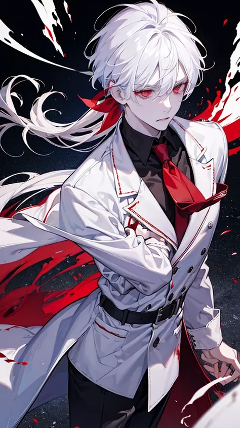 (masterpiece, best quality), solo, male focus, 1male, white collared shirt, (blood_on_clothes), white hair, red eyes, full of anger and madness, desperate, a great intention to kill, battlefield against demons, TOTAL DESTRUCTION PLACE,