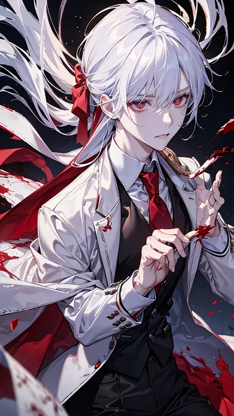 (masterpiece, best quality), solo, male focus, 1male, white collared shirt, (blood_on_clothes), white hair, red eyes, full of anger and madness, desperate, a great intention to kill, battlefield against demons, TOTAL DESTRUCTION PLACE,