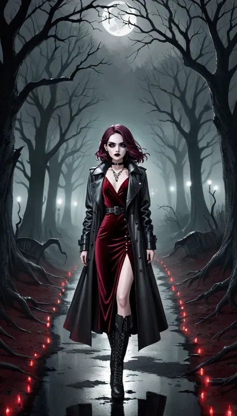 A stylish girl stands out in a horror-themed world, blending fashion with eerie elegance. She wears a black leather trench coat over a crimson velvet dress, the fabric subtly reflecting the dim, flickering lights around her. Her boots are studded and rugge...