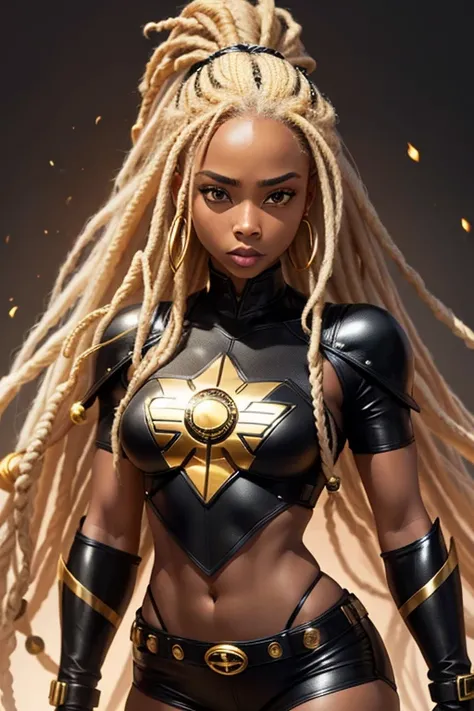 Black female super hero with blonde dreadlocks, wearing black and gold