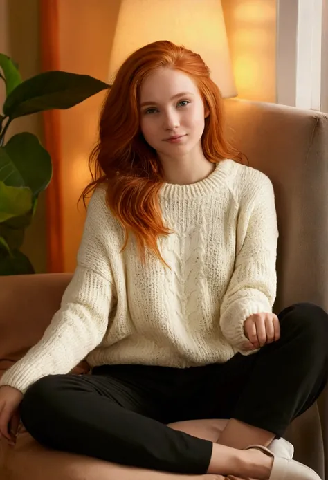 Create an image of a young Russian woman in her twenties with red hair and big , sitting comfortably in a cozy, warmly-lit living room or bedroom. The environment should exude warmth and comfort, with soft lighting, plush furniture, and perhaps some person...