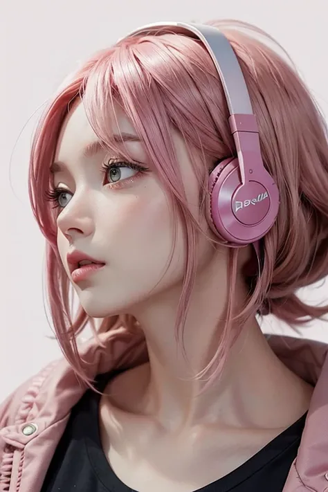 listen to music、headphone、Pink Hair, Pink eyes, Gradient color hairstyle, Bob Hair, Listen attentively、Ahoge, profile、Prone to downward、Look down、Simple Background, 