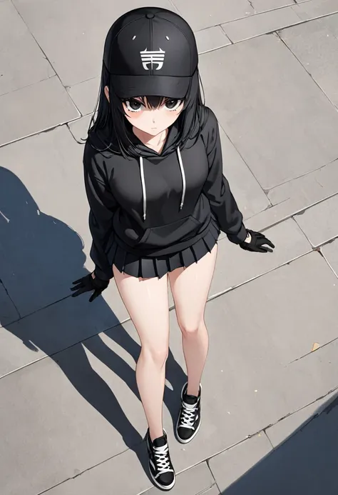 Black miniskirt , Black sneakers , Black hoodie , pleated skirt , whole body , thighs , black hair , black eyes , straight hair , black ball cap , long sleeves , bare legs , View from above , Black gloves , standing posture