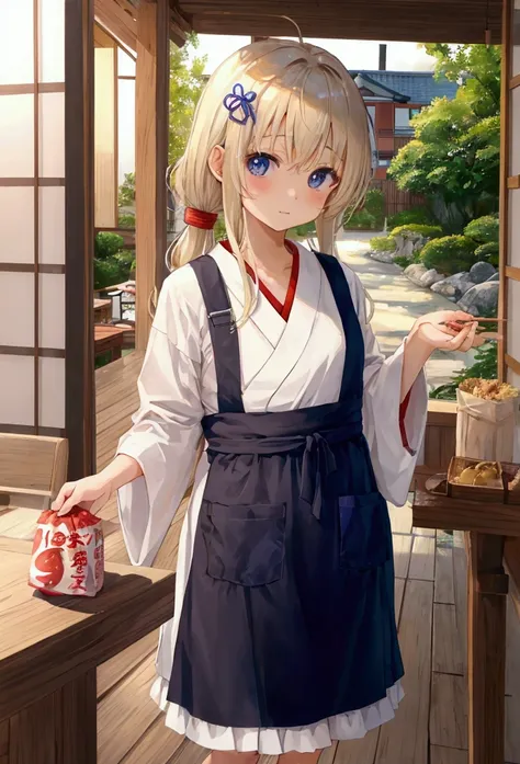 nakedエプロン、Hold out the rice container in front of you、One girl、18-year-old、very cute、Light Hair Color、Shy expression、naked、Wearing an apron、nakedにエプロンを着けている、Japanese food is on the table、Inside her house