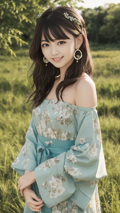 Smile, Looking at the audience, Hair accessories, Japanese clothes, side , Separate sleeves, Wide sleeves, Jewelry, earrings, Bare shoulders, 1 Girl, windy, outdoors, Digital SLR Camera, Bokeh, outdoor, Grass, Trees, evergreen, Sunlight, Sunlight, detailed...