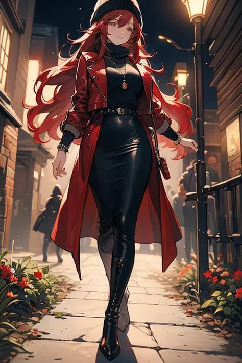 ((masterpiece, best quality, ultra-detailed)), beautiful woman walking through a fall garden, red leather jacket with gray t-shirt, scarf, beanie, bracelet, black maxi pencil skirt, leather boots, full body, long red hair, wavy hair, fall garden, leaves, n...