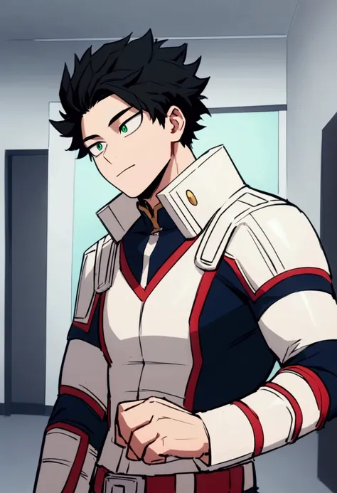 Screenshot of boku no hero academia , beautiful young boy .with strong black hair. Green eyes .wearing Boku no Hero clothes, gentle face, Boku no Hero Style, inside the UA academy, (soul of kindness Undertale/Glichtale)