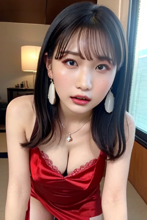 nsfw, body、Full body Esbian、Get on all fours、Lift your hips up、Western-style building, 1 female, Beautiful Japanese actresses, Age 25, Double Eyes,mile, Detailed face, Big earrings，Large Necklace, Flashy makeup using red eyeshadow，light brown delicate midd...