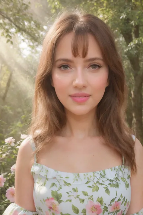 girl in the forest, (Best Quality, 4k, High Definition, Masterpiece: 1.2), ultra detailed, (realist: 1.37), illustration, beautiful detailed face, wide, light eyes, pink lips, with a flowy dress, standing in the sunbeam surrounded by trees and flowers, cal...