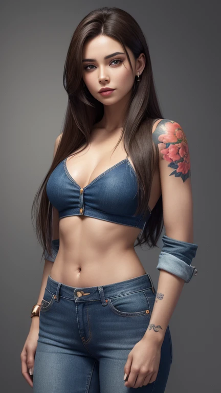 Faciel perfect detailed of girl adult slfe 25 years old,her body  self building muscles detailed and her chest large very,her eyes brown and her hair brown longest very,her wear shirt orange taller and her wear jeans blue Decorated with flowers , Put tatto...