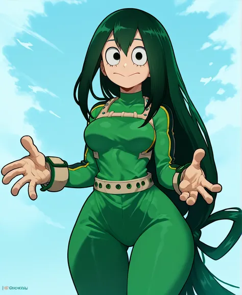 score_9_up, score_8_up, score_7_up, cowboy shot, 1girl, asui tsuyu\(boku no hero academia\), green hair, very long hair, low-tie...