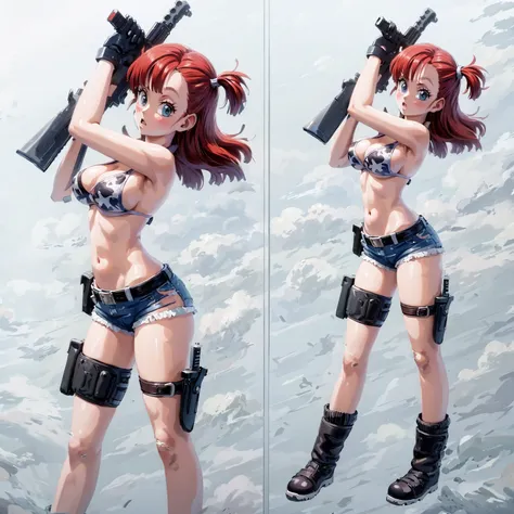 1girl, solo, gun, weapon, shorts, swimsuit, bulma, holster, boots, bikini, red hair, gloves, breasts, one side up, bikini top on...