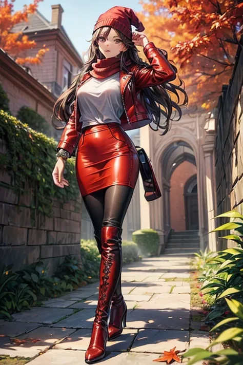 ((masterpiece, best quality, ultra-detailed)), beautiful woman walking through a fall garden, red leather jacket with gray t-shirt, scarf, beanie, bracelet, black maxi pencil skirt, leather boots, full body, long brown hair, wavy hair, fall garden, leaves,...