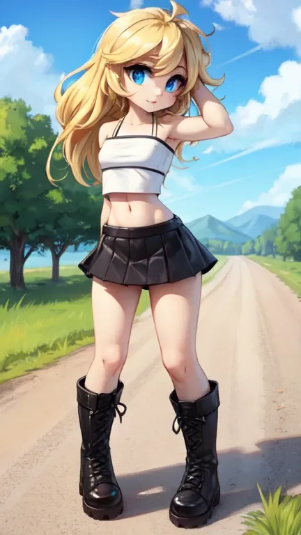 white tube top, white felt miniskirt, blonde medium wave hair, narrow eyes, blue eyes, countryside, wear black boots, wear outdo...