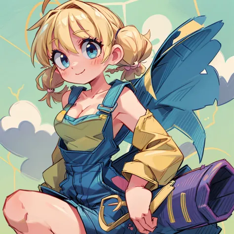 masterpiece, beautiful, 4k, detailed, intricate details, , , overalls, jean overalls, cuffed overalls, blonde hair, long blonde pigtails, long flowing pigtails, soft blue eyes, soft smile, slight smile, 1girl, shirtless, overalls over skin, bare shoulders,...