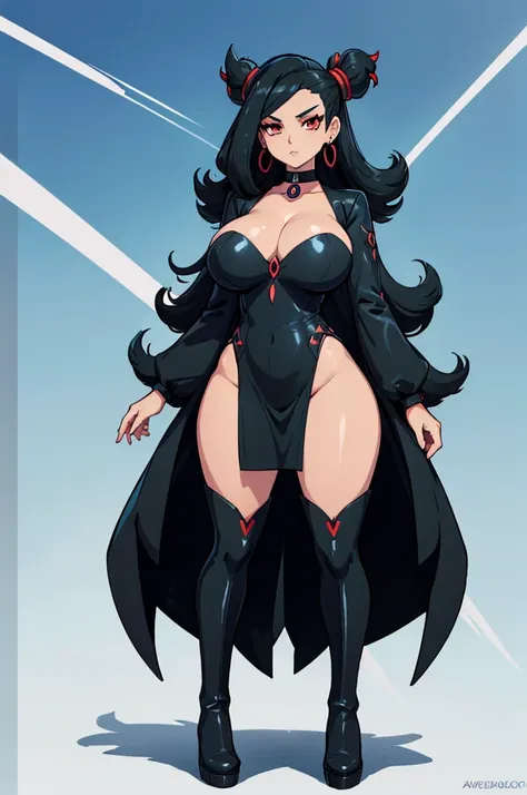 (masterpiece, best quality, high resolution, (pokemon style) ((huge breasts)) 1 girl, (huge breasts) very long black hair, red eyes, black long-sleeved dress, black boots, earrings, choker, (background white,)), ((full body standing)),
