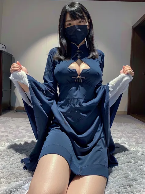 8k,  Highest quality, Realistic, Very detailed、A simple white room、Young and beautiful girl、Fluffy carpet、Large Breasts、I can see the cleavage、She is wearing a sexy black Chinese dress、Blue cheongsam with dragon pattern、She spreads her legs wide open to sh...