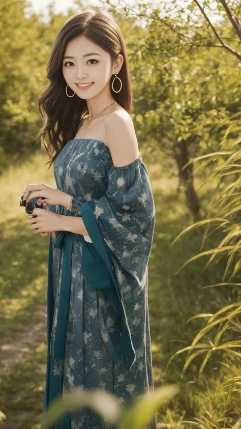 Smile, Looking at the audience, Hair accessories, Japanese clothes, side , Separate sleeves, Wide sleeves, Jewelry, earrings, Bare shoulders, 1 Girl, windy, outdoors, Digital SLR Camera, Bokeh, outdoor, Grass, Trees, evergreen, Sunlight, Sunlight, detailed...