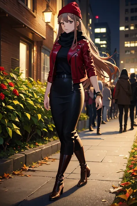 ((masterpiece, best quality, ultra-detailed)), beautiful woman walking through a fall garden, red leather jacket with gray t-shirt, scarf, beanie, bracelet, black maxi pencil skirt, leather boots, full body, long brown hair, wavy hair, fall garden, leaves,...