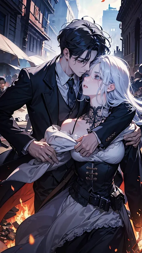 (Masterpiece, Ultra Hd), (Detailed), (Novel Illustrasion) A handsome man with white hair cries blood while embracing a woman with curly hair who is no longer there, Battlefield, a desperate man, a ruined place, burning buildings, chaos everywhere.