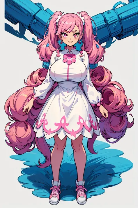 (masterpiece, best quality, high resolution, (pokemon style) ((huge breasts)) 1 girl, pink hair tied in curly pigtails, pink eyes, very long-sleeved white dress cute, earrings, very cute white shoes, smile ( (white background,)), ((full body standing)),
