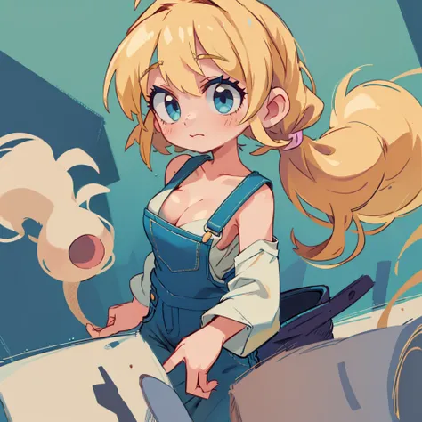 masterpiece, beautiful, 4k, detailed, intricate details, , , overalls, jean overalls, cuffed overalls, blonde hair, long blonde pigtails, long flowing pigtails, soft blue eyes, soft smile, slight smile, 1girl, shirtless, overalls over skin, bare shoulders,...