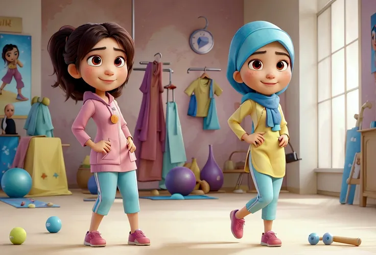 masterpiece, best quality,pixar: Successful malay female sport,smiling, wearing sport hijab and baju kurung with girls team at the gym,a moment of pure relaxation,swirly vibrant colors,soft, natural lighting,smooth bokeh effect,oil painting style,Romantic ...