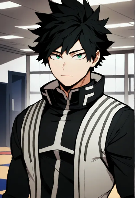 Screenshot of boku no hero academia , beautiful young boy .with strong black hair. Green eyes .wearing Boku no Hero clothes, gentle face, Boku no Hero Style, inside the UA academy, (soul of kindness Undertale/Glichtale), green power