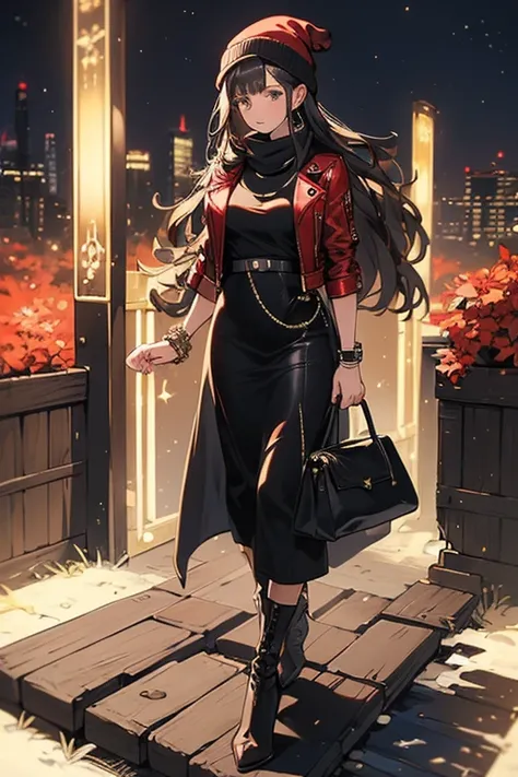 ((masterpiece, best quality, ultra-detailed)), beautiful woman walking through a fall garden, red leather jacket with gray t-shirt, scarf, beanie, bracelet, black maxi pencil skirt, leather boots, full body, long brown hair, wavy hair, fall garden, leaves,...