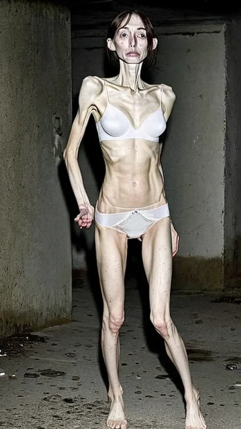 a woman, very thin body, body visible bones, very slender , sweaty weat body, pale white skin, panties, bra,tatto, full body, has a mental breakdown in underground prison