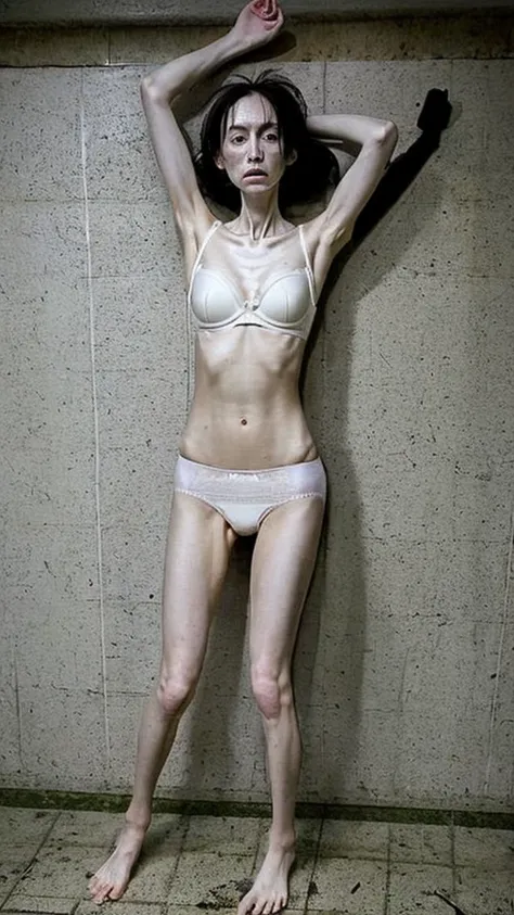 a woman, very thin body, body visible bones, very slender , sweaty weat body, pale white skin, panties, bra,tatto, full body, has a mental breakdown in underground prison