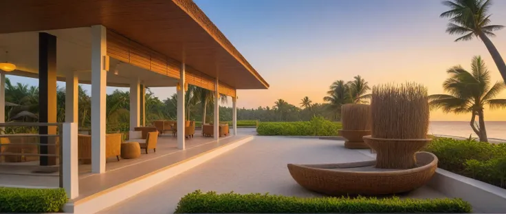 headquarter of local caft resort , coconut trees, greenery landscape, along the white beach, clear sky, sunrise time, warm light...