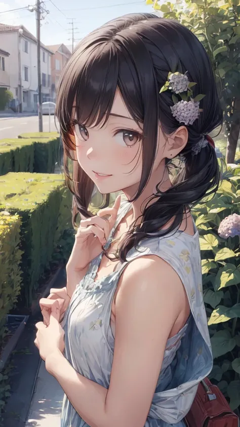 a girl in a colorful raincoat, standing in a garden with hydrangea flowers, holding a yellow umbrella, wearing knee-high rubber boots, with long twin tails and hair ornaments, smiling and looking at something, surrounded by snails and other animals, with a...