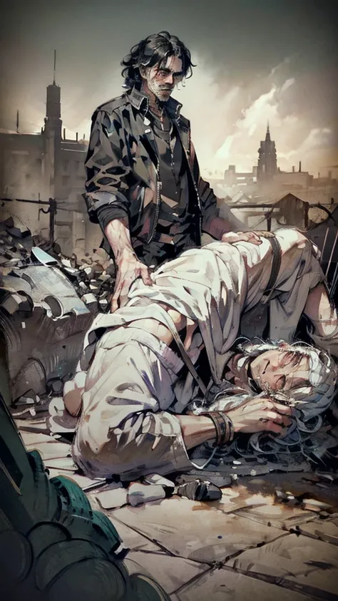 (Masterpiece, Ultra Hd), (Detailed), (Novel Illustrasion) A handsome man with white hair cries blood while embracing a woman with black curly hair who is no longer there who is lying down, Battlefield, a desperate man, a ruined place, burning buildings, ch...