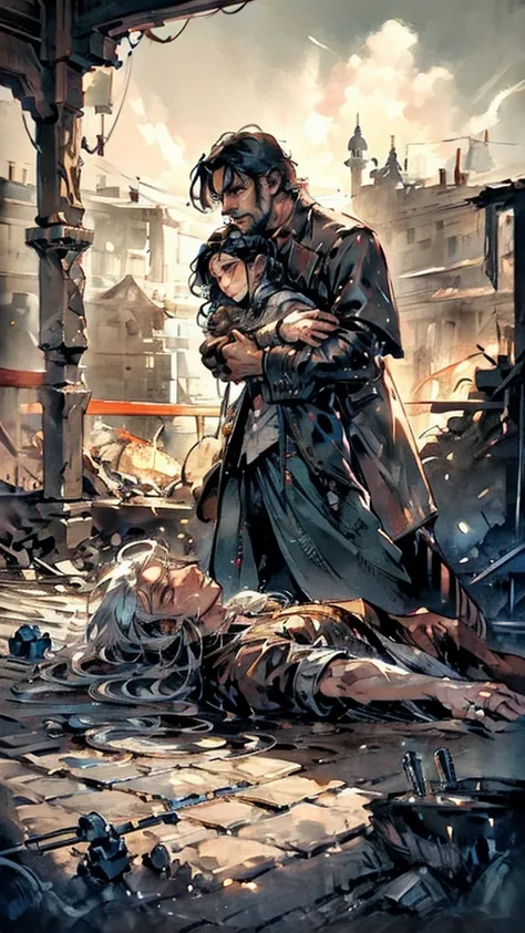 (Masterpiece, Ultra Hd), (Detailed), (Novel Illustrasion) A handsome man with white hair cries blood while embracing a woman with black curly hair who is no longer there who is lying down, Battlefield, a desperate man, a ruined place, burning buildings, ch...