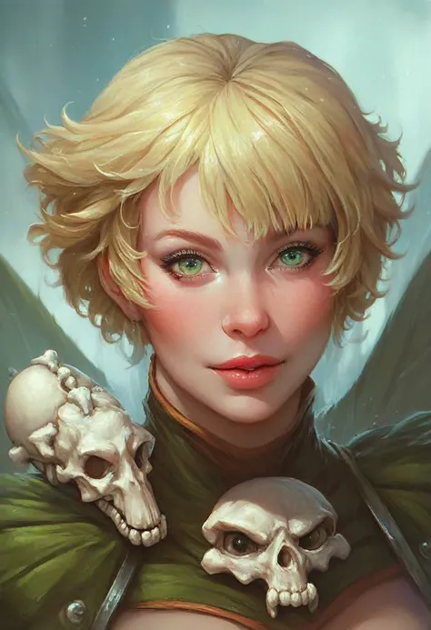 a close up of a woman with a very large body and wings, blonde hair, short hair, green eyes, black biologic armo, bone tail, portrait of female humanoid, female humanoid creature, portrait of a female, sci-fi fantasy art,  detailed sci-fi art, sci - fi hor...