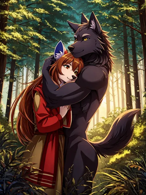 a wolf hugs his wife in the forest with love