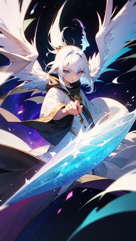 Make a dragon white hair cosmic dragon horn of the universe eyes something white wings