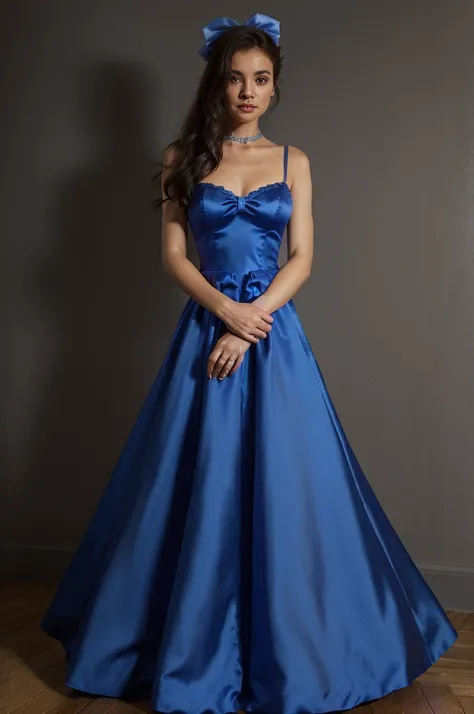 Enchanted Dress". It is a long royal blue satin fabric dress., with silver details and a bow at the waist. 